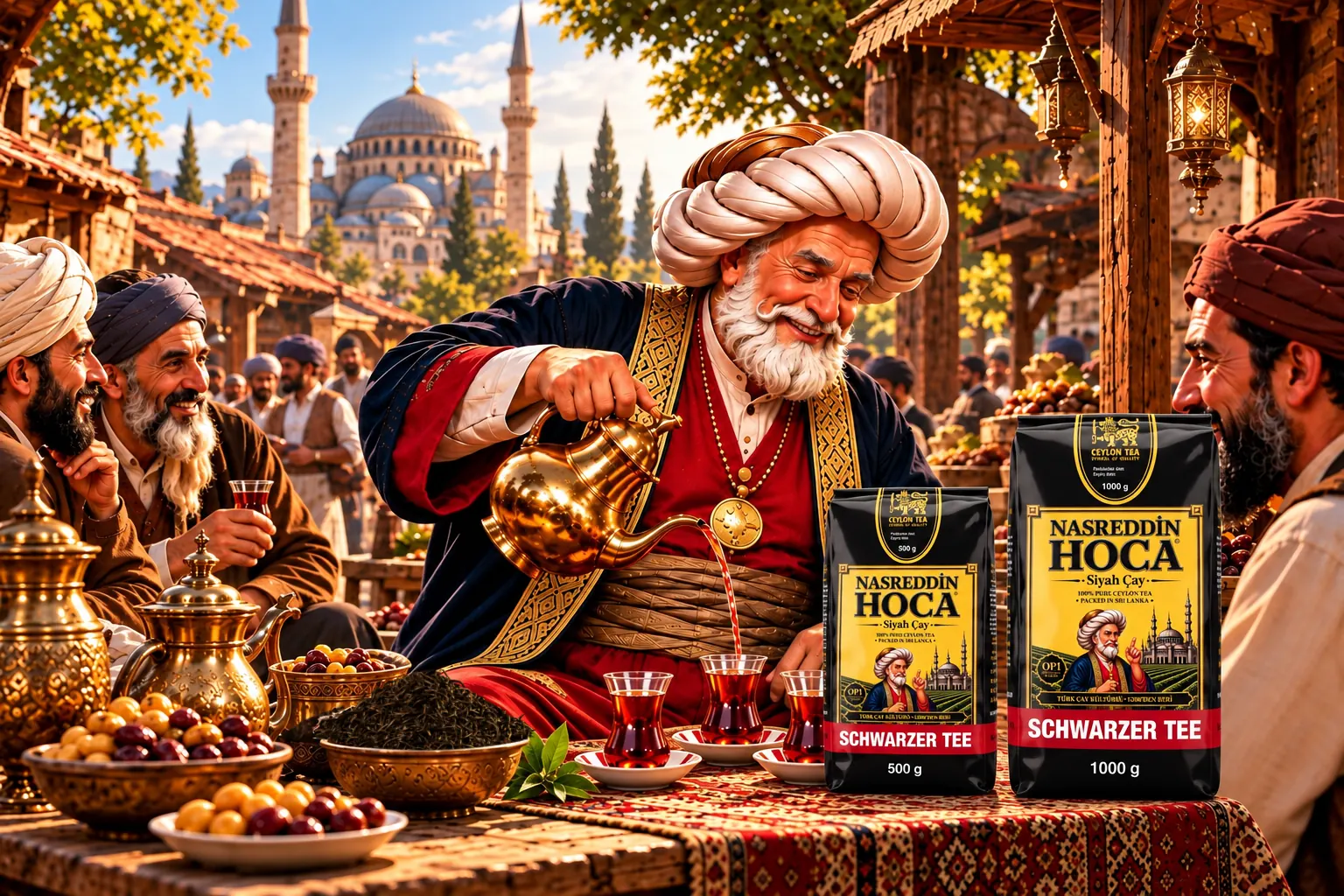 Nasreddin Hoca çarşıda dostlarına çay dolduruyor
