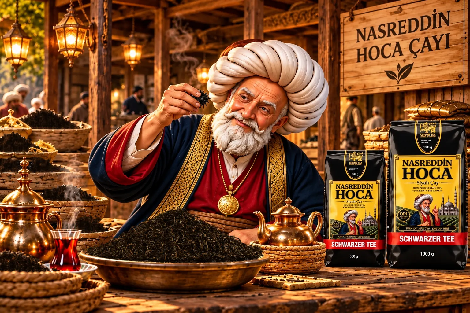 Nasreddin Hoca çay tezgâhında çay yapraklarını inceliyor